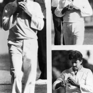 A bowler appears to be picking the seam of a ball before a delivery. 1992 A bowler appears to be picking the seam of a ball before a delivery. 1992