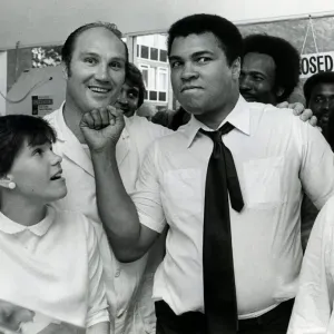 Print of Muhammad Ali at Jack Bodell's fish and chip shop in Coventry