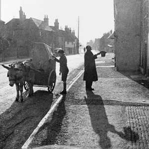 A boy operates a barrel organ mounted on a donkey and cart A boy operates a barrel organ mounted on a donkey and cart