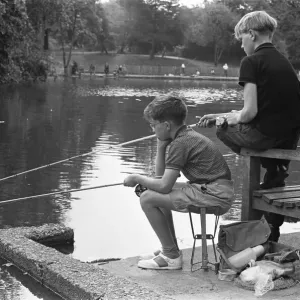 Boys fishing in Battersea Park 7th August 1963 Boys fishing in Battersea Park 7th August 1963