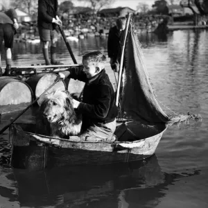 Boys on rafts and tin-bath boats. Circa 1946