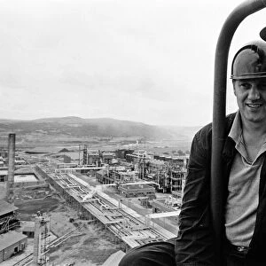 BP Llandarcy oil refinery, Swansea. Lyn Davies, 36, on top of the "Cat Cracker"