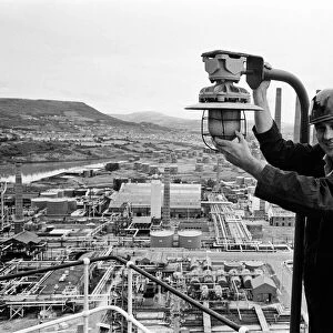 BP Llandarcy oil refinery, Swansea. Lyn Davies, 36, on top of the "Cat Cracker"