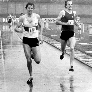 Brendan Foster squelches through the rain in an open athletics meeting at Gateshead in Brendan Foster squelches through the rain in an open athletics meeting at Gateshead in
