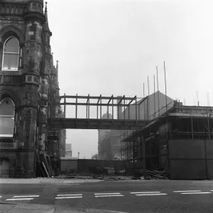 Bridge lifted into position to join old and new town hall. Circa 1971 Bridge lifted into position to join old and new town hall. Circa 1971
