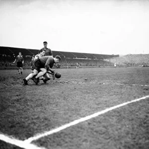 Bristol Rovers v Swansea Town, Division 2. Swansea goalkeeper King collects the ball