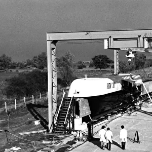 Britians first hovertrain is set up on its track at Earith, near Cambtridge