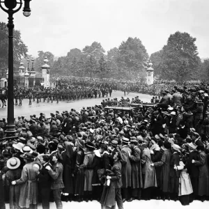 British and Allied troops seen here march passed Buckingham Palace during the Victory