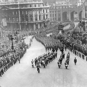British and Allied troops seen here march through Trafalgar Square during the Victory