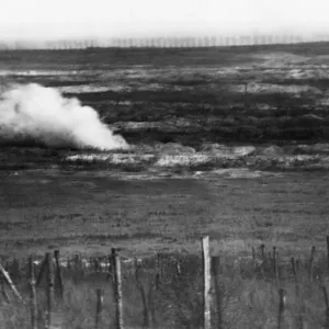 British artillery shells seen bursting on the German front line trenches during the open
