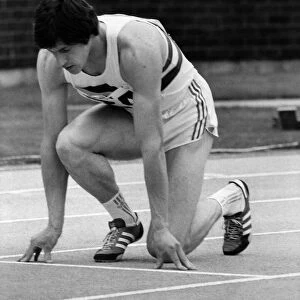 British athlete Alan Wells on the starting blocks before a race. July 1978