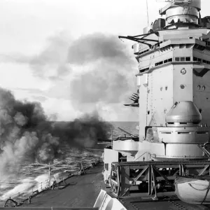 HMS Rodney Print: British Battleship Firing Secondary Armament at Sea