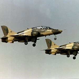 The British built trainer jet BAE Hawk of the Royal Saudi Air Force take off side by side