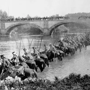 British cavalry watering their horses at a river in France