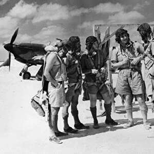 British fighter pilots in the Western desert have a conference before going on patrol in