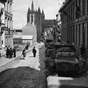 British forces enter Brussels. Greeting first tanks of armour. September 1944