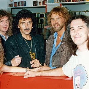 British heavy metal group Black Sabbath visit the Our Price record store in Manchester to