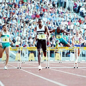 British hurdler Kriss Akabusi in action at a meeting in Britain after the 1992 Olympic