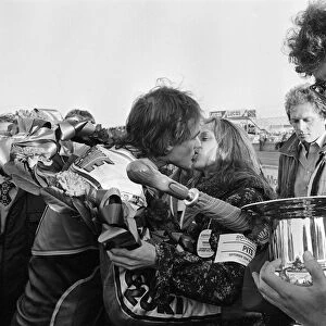 British Motorcycle road racer Barry Sheene celebrates victory for Britain in the AGV