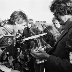 British Motorcycle road racer Barry Sheene celebrates victory for Britain in the AGV British Motorcycle road racer Barry Sheene celebrates victory for Britain in the AGV