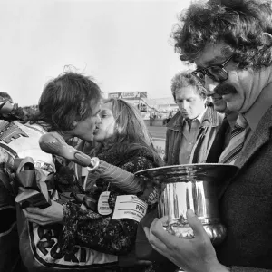 British Motorcycle road racer Barry Sheene celebrates victory for Britain in the AGV British Motorcycle road racer Barry Sheene celebrates victory for Britain in the AGV