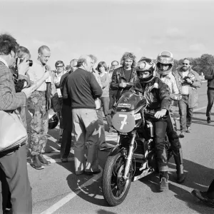 British Motorcycle road racer Barry Sheene at Donington on his first ride since his near British Motorcycle road racer Barry Sheene at Donington on his first ride since his near