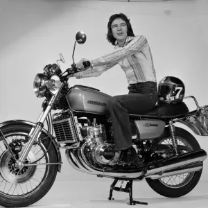 British Motorcycle road racer Barry Sheene poses on a Suzuki GT 750 in the Daily Mirror British Motorcycle road racer Barry Sheene poses on a Suzuki GT 750 in the Daily Mirror