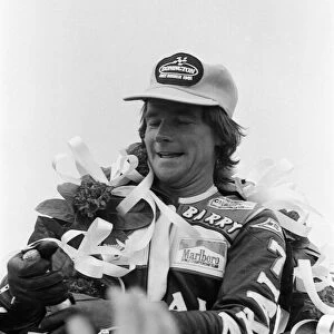 British Motorcycle road racer Barry Sheene wins the 1300 cc Superbike race at Donington