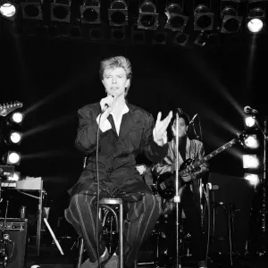 British pop singer David Bowie performing on stage. 21st March 1987 British pop singer David Bowie performing on stage. 21st March 1987