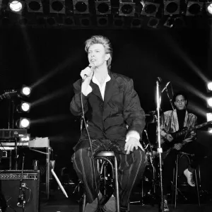 British pop singer David Bowie performing on stage. 21st March 1987 British pop singer David Bowie performing on stage. 21st March 1987