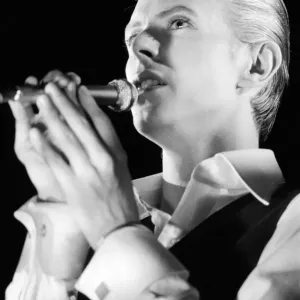 British pop singer David Bowie performing on stage during the first of six concerts