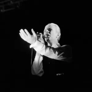 British pop singer David Bowie performing on stage during the first of six concerts