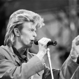 British pop singer David Bowie performing on stage at Wembley. 20th June 1987