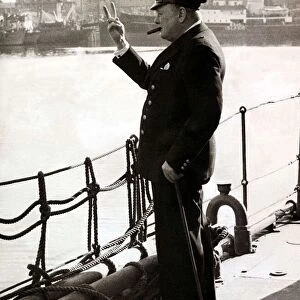 British Prime Minister Winston Churchill gives the V for Victory