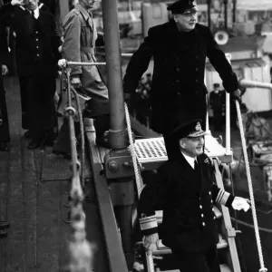 British Prime Minister Winston Churchill leaves a destroyer depot during his visit to British Prime Minister Winston Churchill leaves a destroyer depot during his visit to