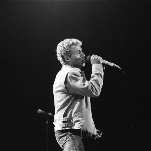 British rock group The Who, performing on stage at the NEC in Birmingham. Roger Daltrey