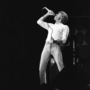 British rock group The Who, performing on stage at the NEC in Birmingham. Roger Daltrey