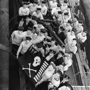 Black and white Print of HMS Sceptre submarine crew with Jolly Roger flag Black and white Print of HMS Sceptre submarine crew with Jolly Roger flag