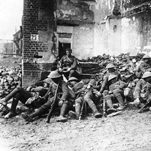 British soldiers resting after the advance on Peronne 1917 during World War