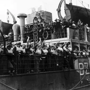British soldiers wave from troop ship returning to England from Calais after a long spell British soldiers wave from troop ship returning to England from Calais after a long spell