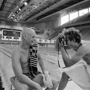 British swimmer Duncan Goodhew poses for pictures by the Olympic Swimming Pool in Moscow British swimmer Duncan Goodhew poses for pictures by the Olympic Swimming Pool in Moscow