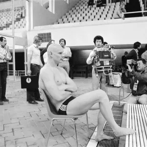 British swimmer Duncan Goodhew poses for pictures by the Olympic Swimming Pool in Moscow