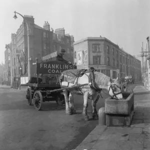 El tendero de carbón Charles Franklin de Bromley by Bow con sus caballos y carreta toma un carro de entrega.