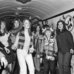 Burnley FC fans enjoy the mobile disco on board the soccer special. 27th January 1973 Burnley FC fans enjoy the mobile disco on board the soccer special. 27th January 1973