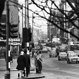 Busy scene in Market Street, Central Manchester. 25th January 1971