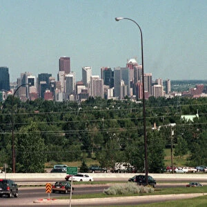 Calgary city in Canada with freeway, July 1999. Motorcycle