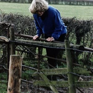 Camilla Parker Bowles leaning over a wooden fence November 1992