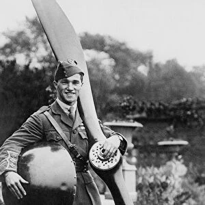 Captain Albert Ball VC of the Royal Flying Corps in World War One holding aircraft