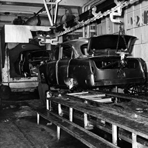 Car bodies move along the assembly line at the Moskvitch car plant in Moscow. 1962
