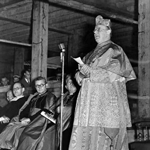 Cardinal Griffin addresses the gathering after laying the foundation stone of the new De